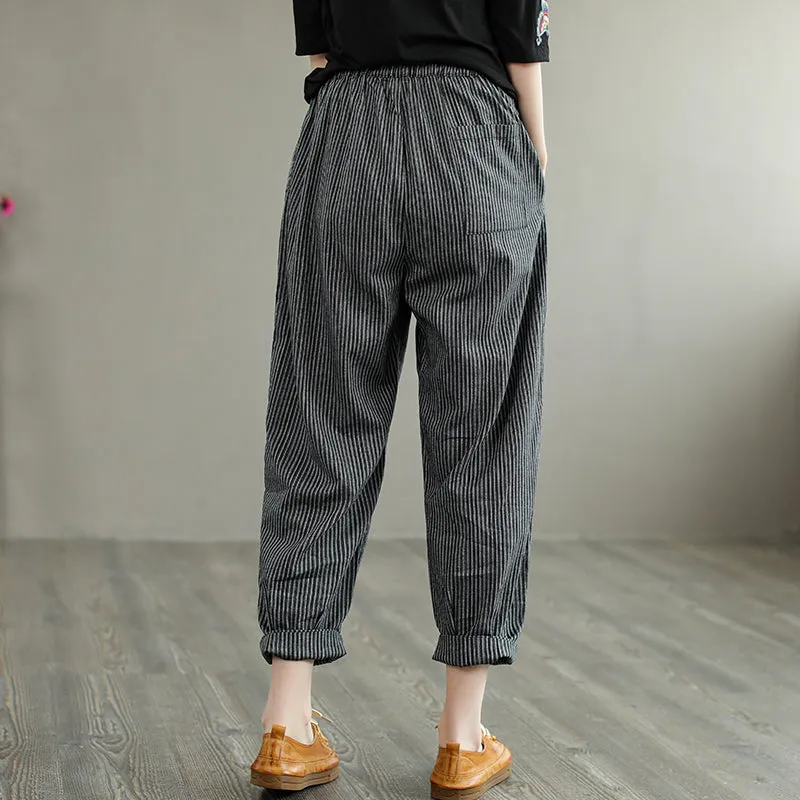 Retro Stripe Summer Women Cotton Linen Casual Pants