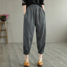 Retro Stripe Summer Women Cotton Linen Casual Pants