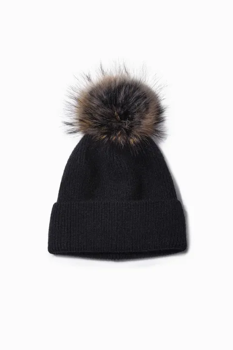 Ribbed Knit Beanie Hat w Faux Fur Pom Pom