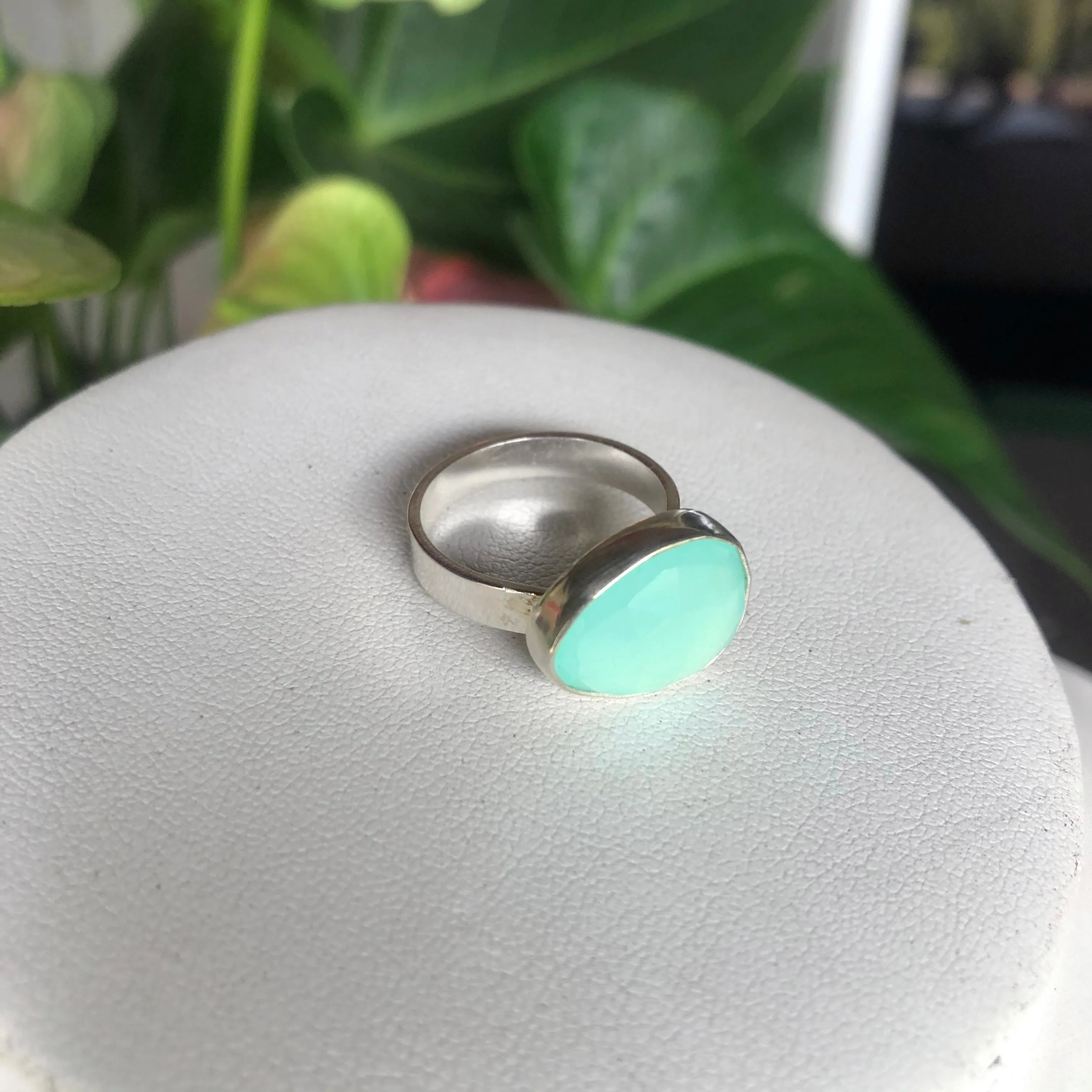 Rose cut aqua chalcedony ring