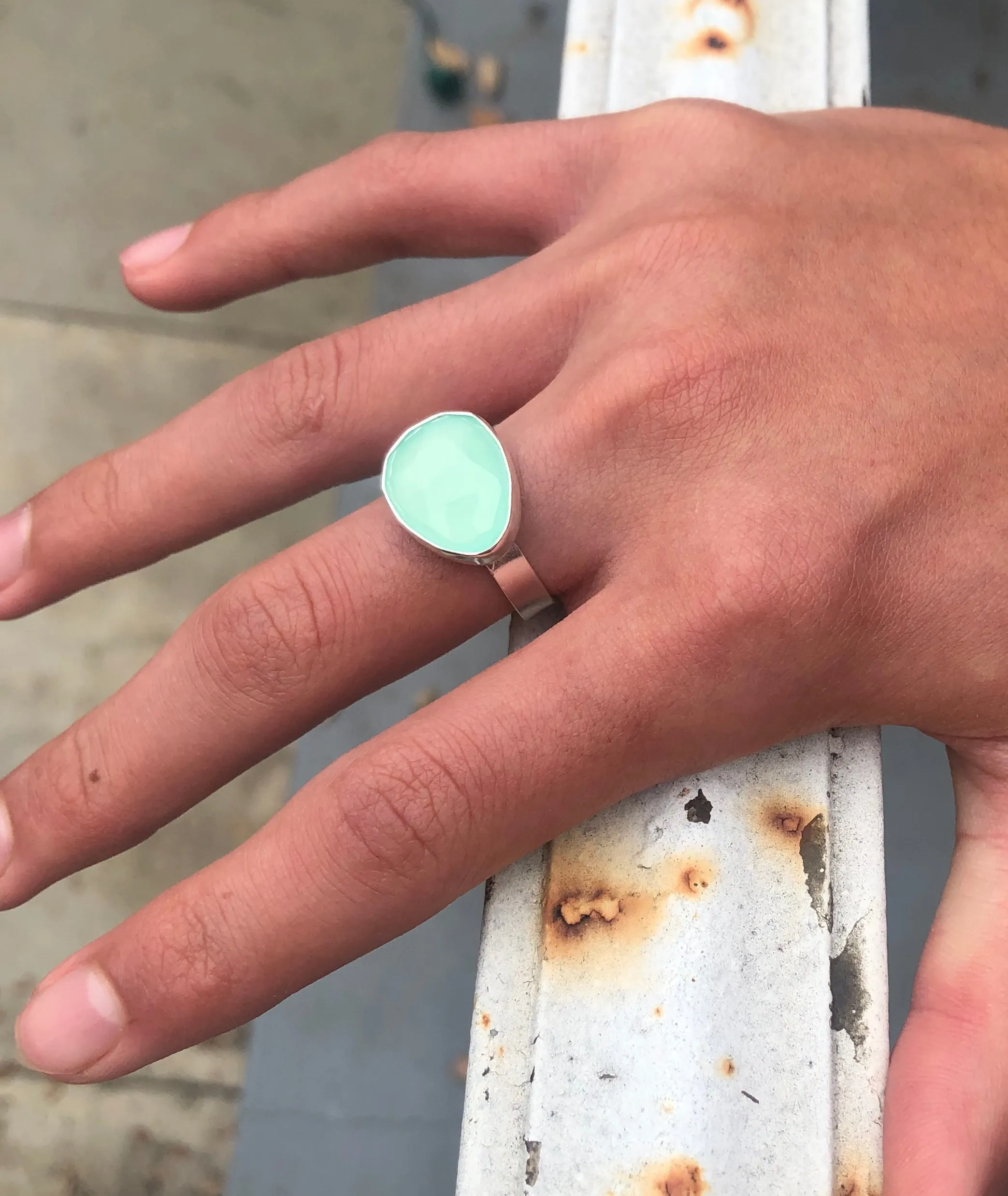 Rose cut aqua chalcedony ring