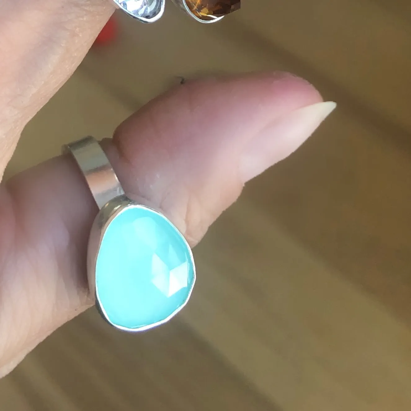 Rose cut aqua chalcedony ring