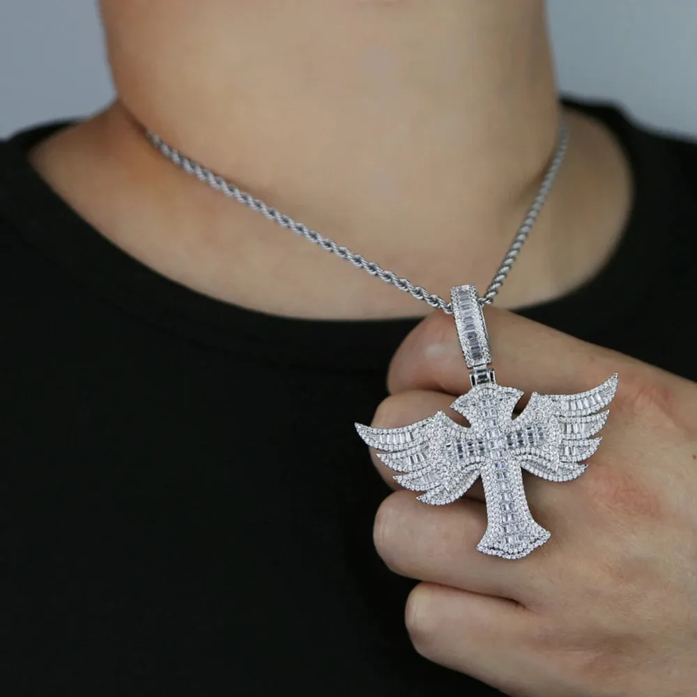 Silver Plated Angel Wing Cross Men Women Pendant CZ Necklace Rope Chain