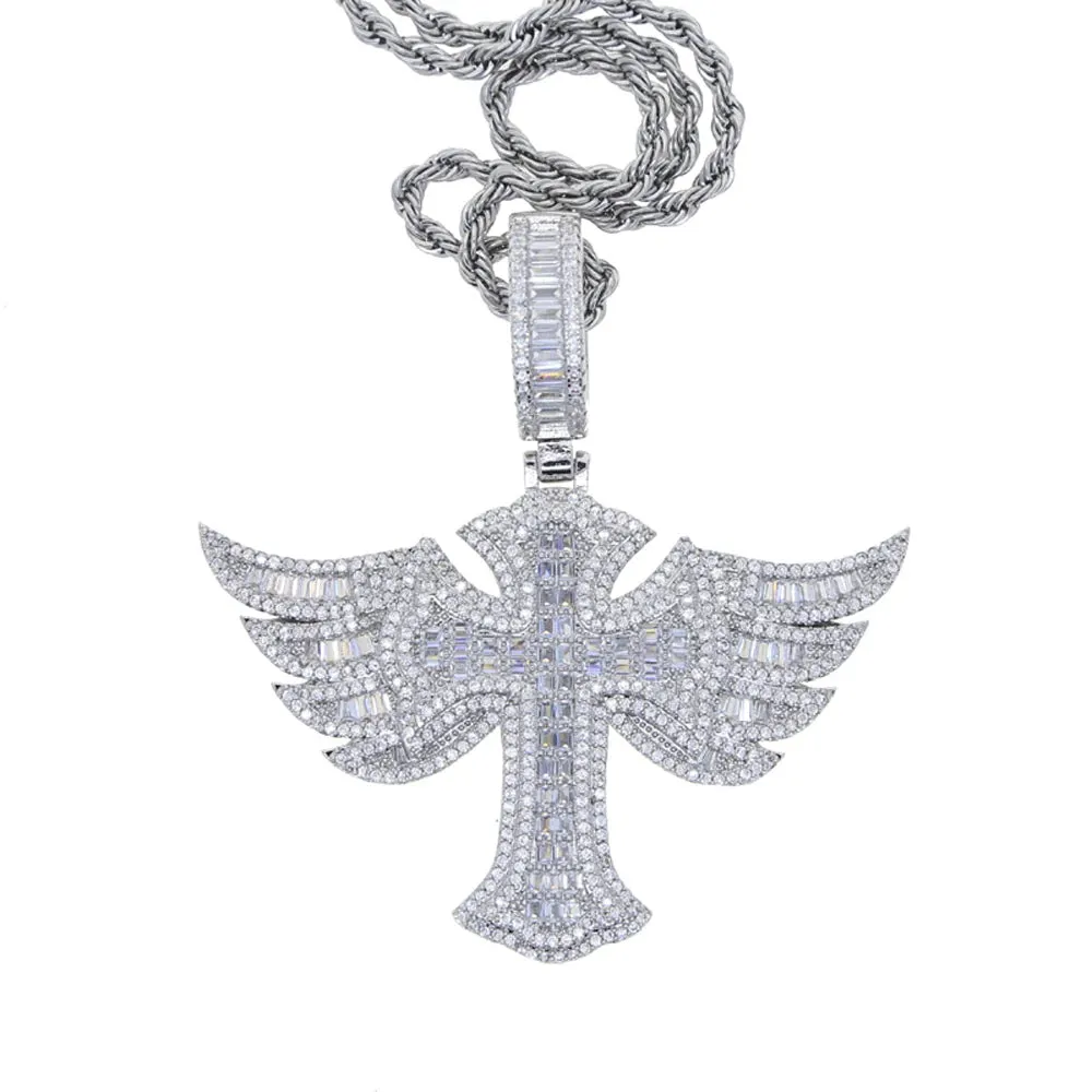 Silver Plated Angel Wing Cross Men Women Pendant CZ Necklace Rope Chain