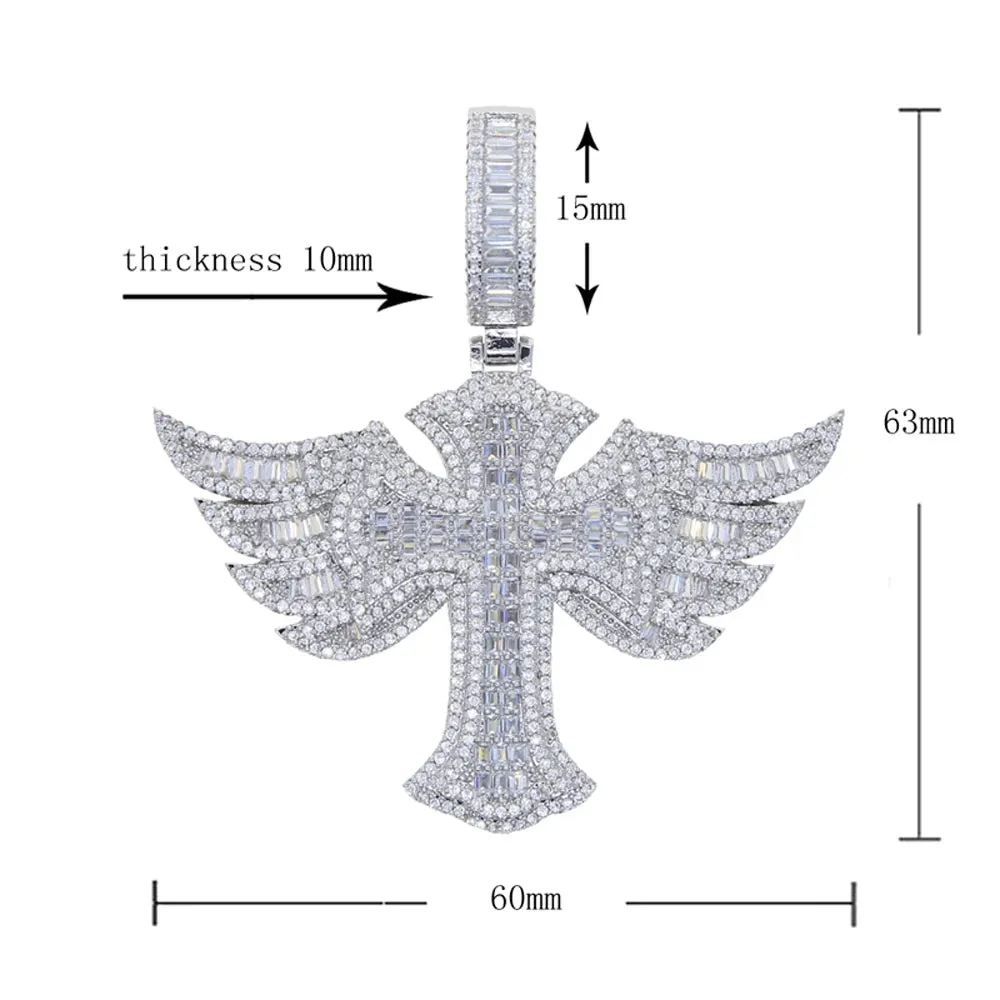 Silver Plated Angel Wing Cross Men Women Pendant CZ Necklace Rope Chain