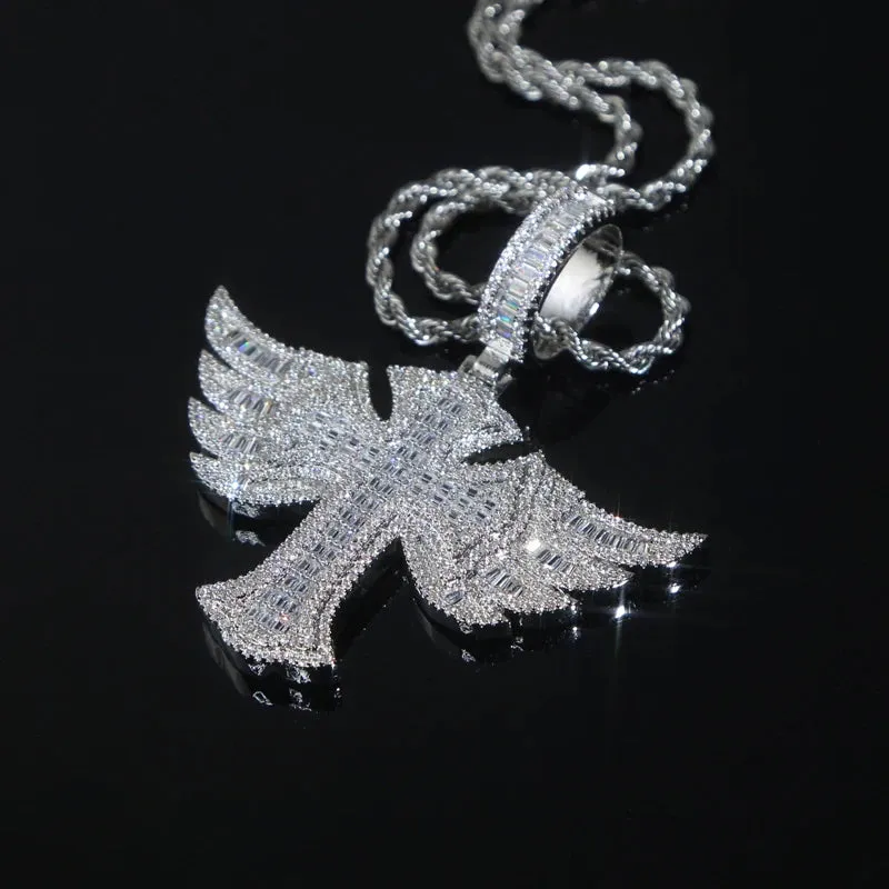 Silver Plated Angel Wing Cross Men Women Pendant CZ Necklace Rope Chain