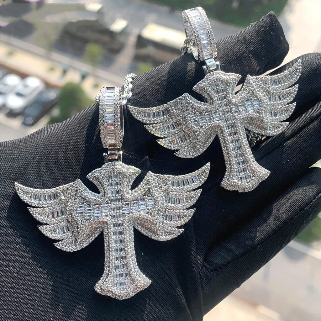 Silver Plated Angel Wing Cross Men Women Pendant CZ Necklace Rope Chain