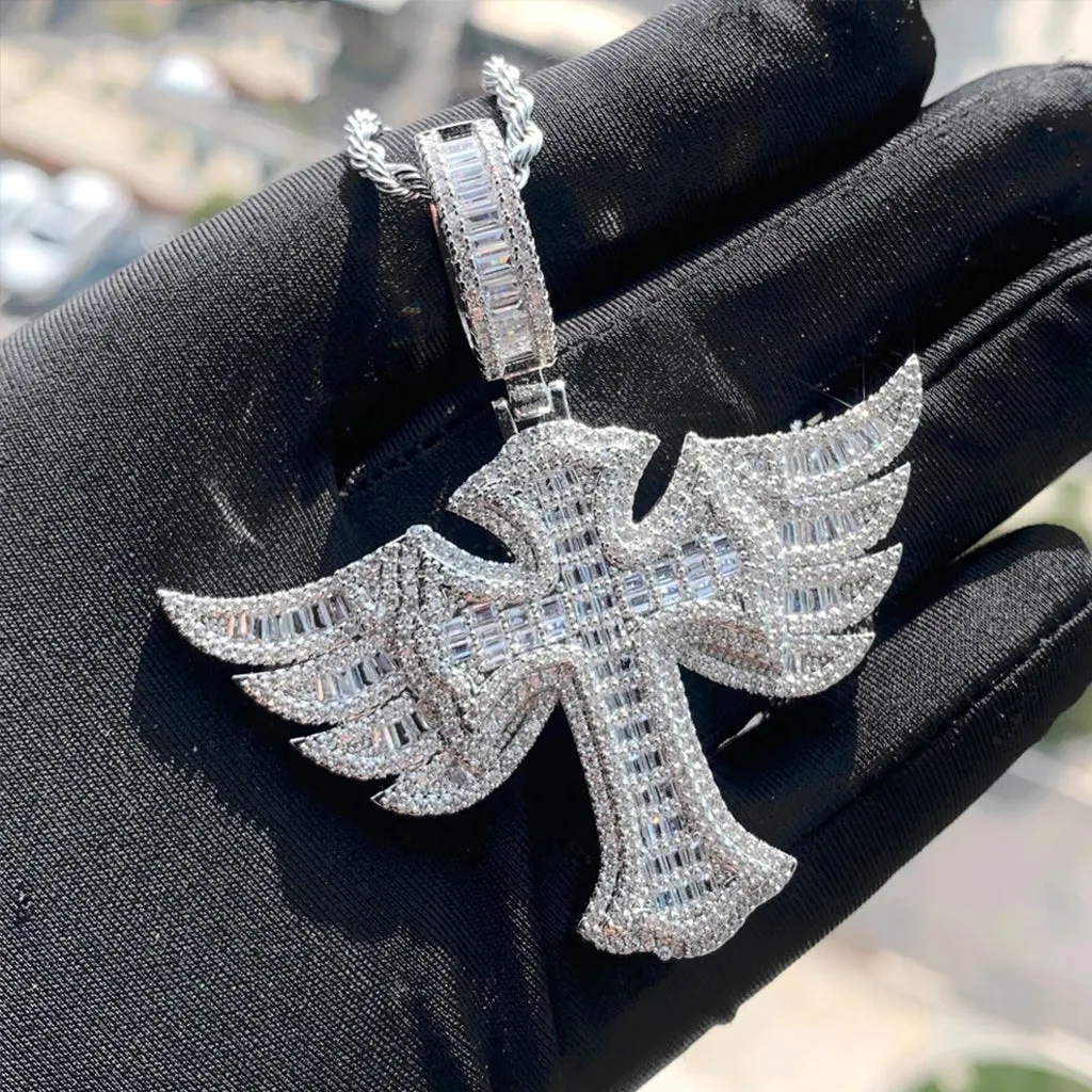 Silver Plated Angel Wing Cross Men Women Pendant CZ Necklace Rope Chain