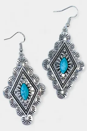 Silver Turquoise Stone Diamond Dangle Earrings