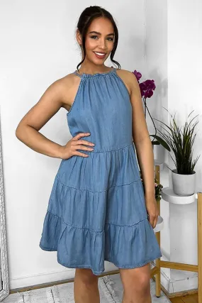 Sky Blue Drawstring Neckline Tiered Denim Sleeveless Dress