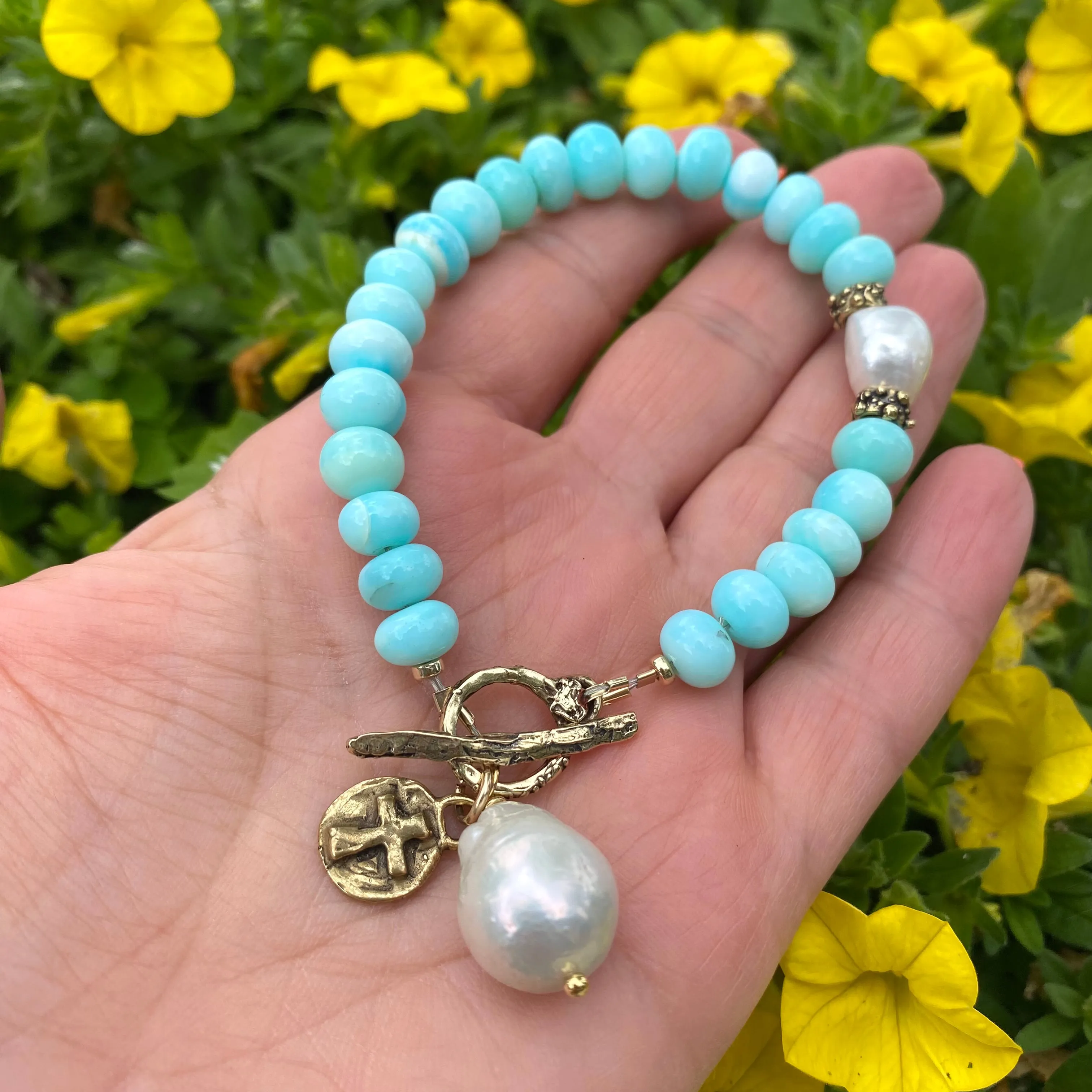 Sky Blue Opal Toggle Bracelet, Fresh Water Baroque Pearls & Cross Charm, Gold Bronze Artisan Details, 8