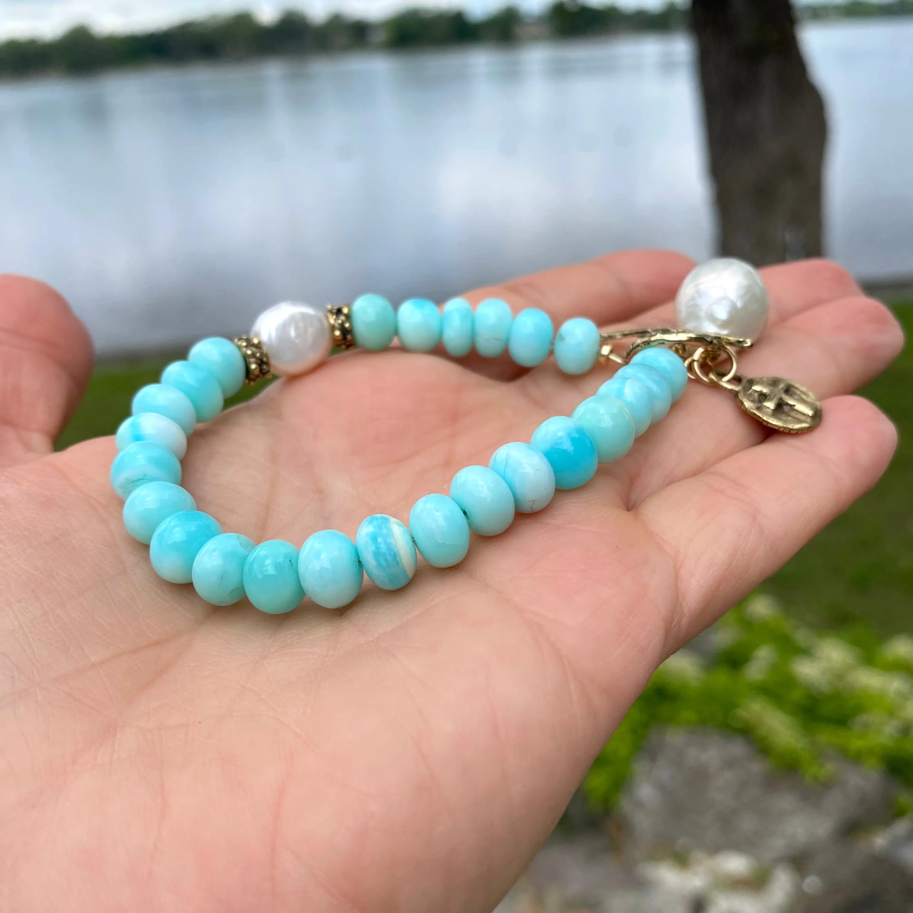 Sky Blue Opal Toggle Bracelet, Fresh Water Baroque Pearls & Cross Charm, Gold Bronze Artisan Details, 8