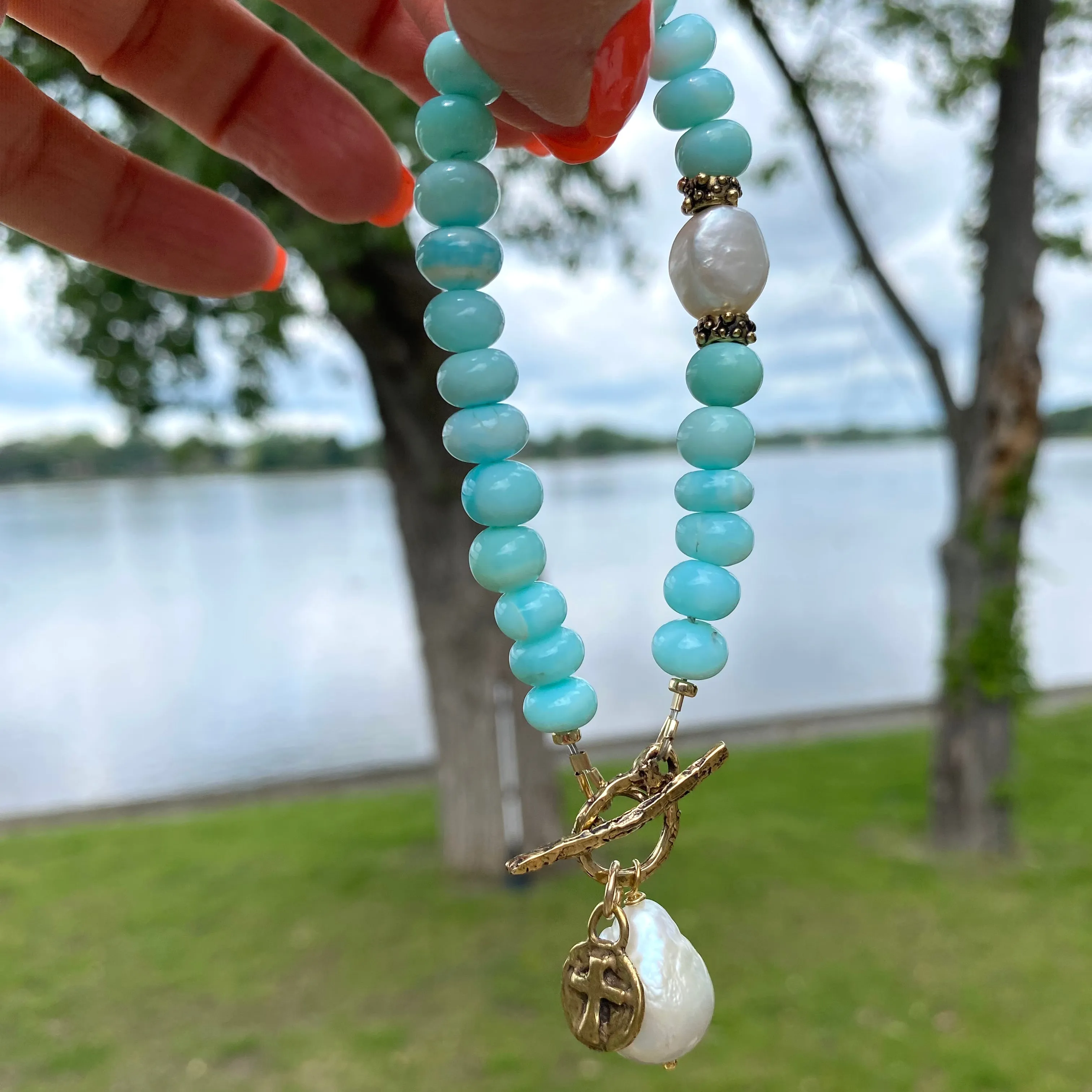 Sky Blue Opal Toggle Bracelet, Fresh Water Baroque Pearls & Cross Charm, Gold Bronze Artisan Details, 8