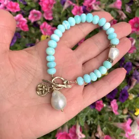 Sky Blue Opal Toggle Bracelet, Fresh Water Baroque Pearls & Cross Charm, Gold Bronze Artisan Details, 8