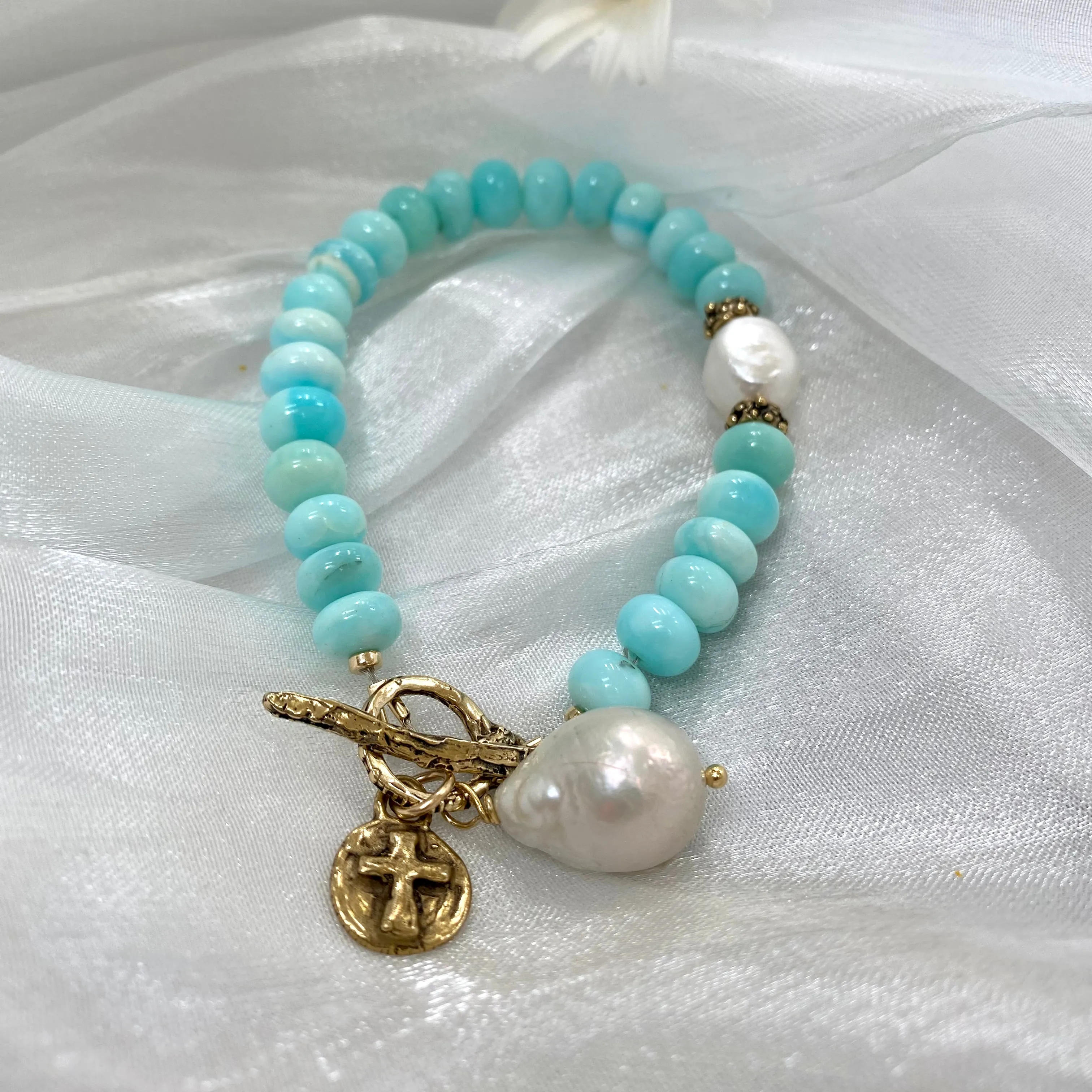 Sky Blue Opal Toggle Bracelet, Fresh Water Baroque Pearls & Cross Charm, Gold Bronze Artisan Details, 8