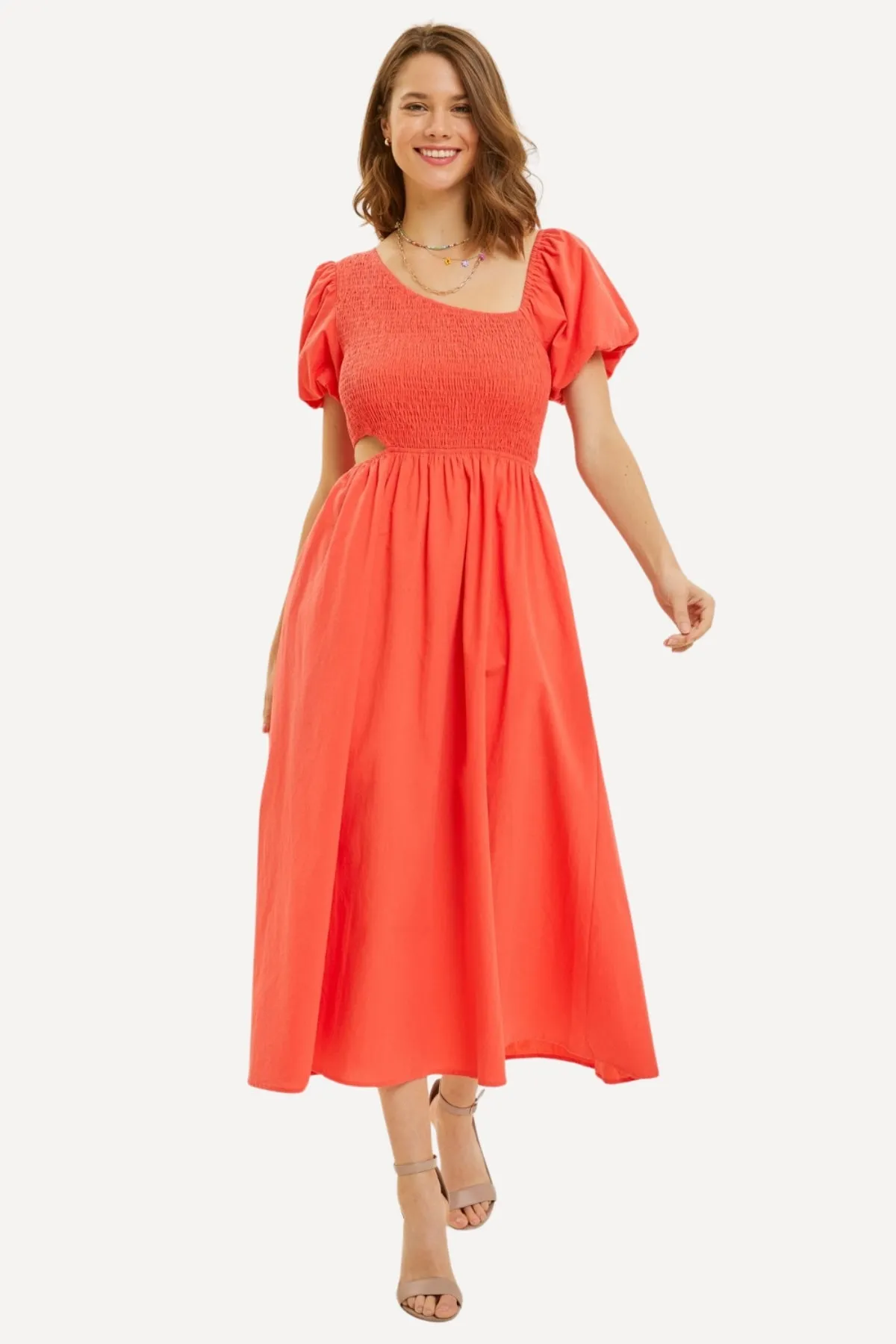 Smocked Cutout Midi Dress - Orange