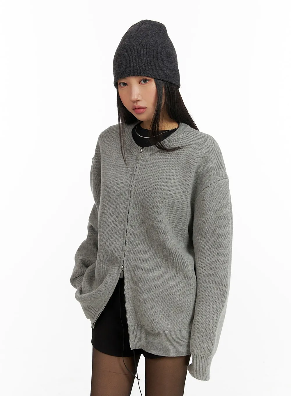 Solid Collarless Zip-Up Unisex Cardigan CM408