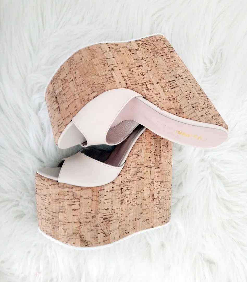 Summer Cream Peep Toe High Heel Wedge Mules