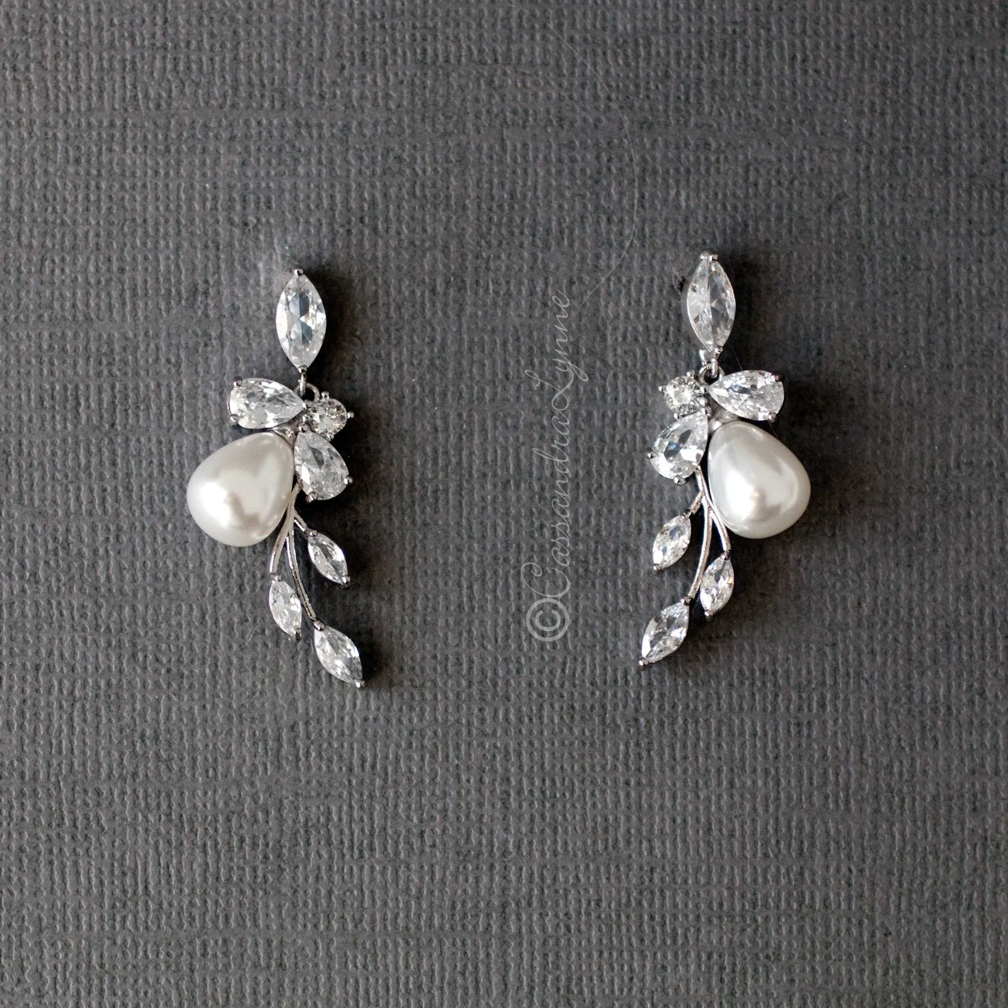 Teardrop Pearl Flower CZ Bridal Earrings