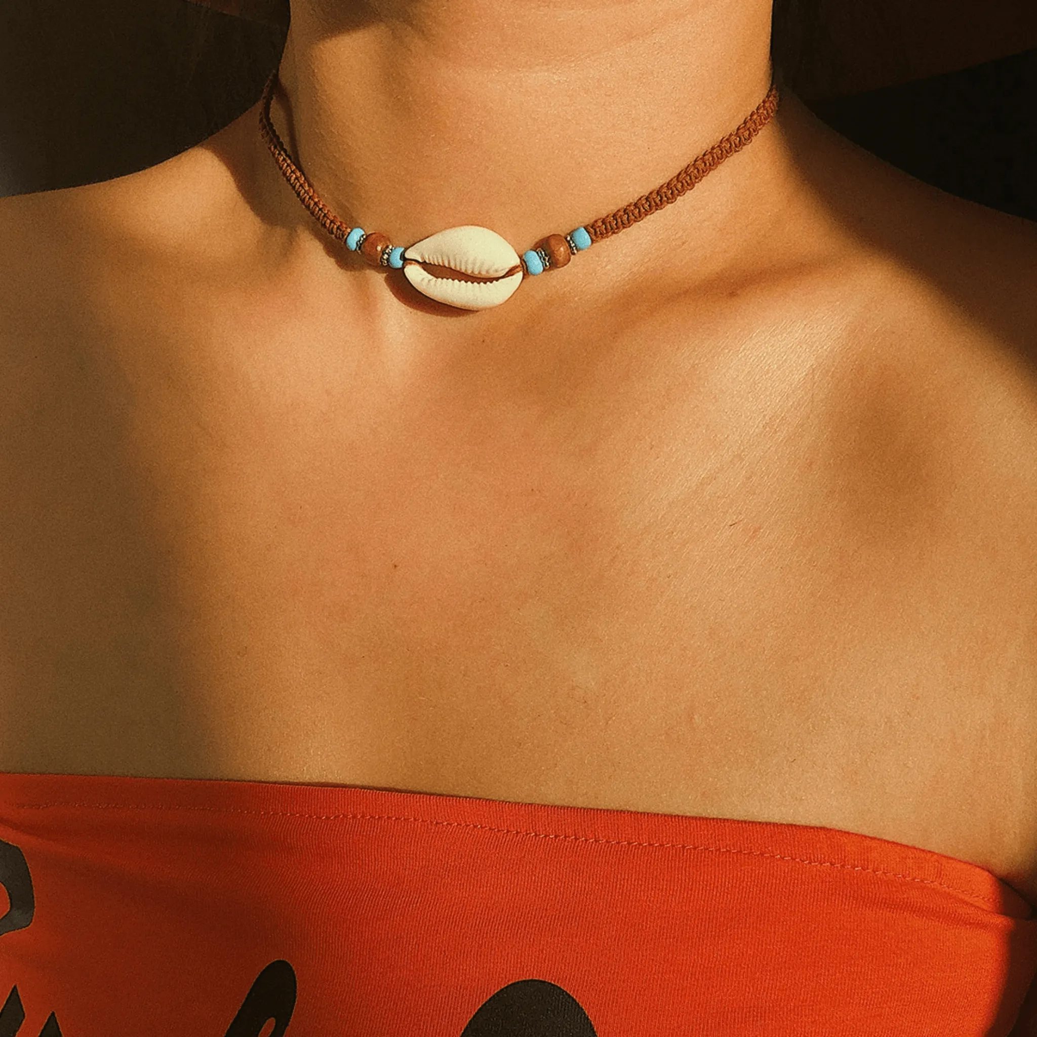 Turquoise Bead and Cowrie Choker Necklace