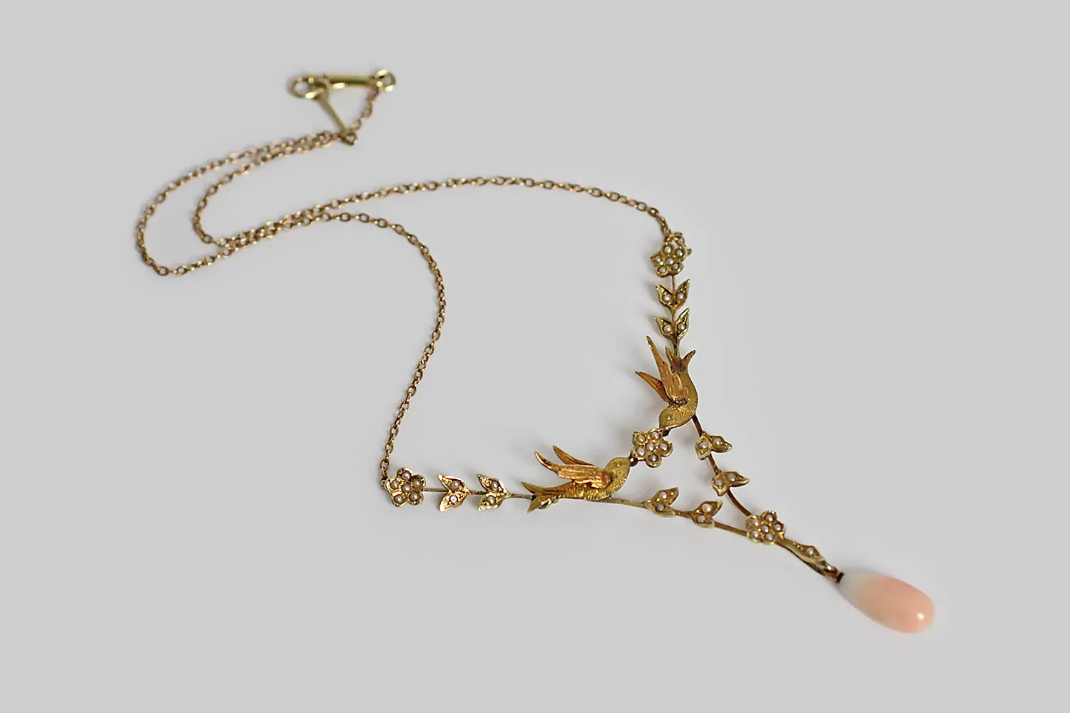 Victorian Era St. Esprit Swallows & Blossoms Necklace with Coral in 14k Gold