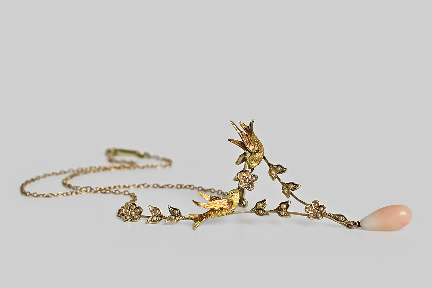 Victorian Era St. Esprit Swallows & Blossoms Necklace with Coral in 14k Gold