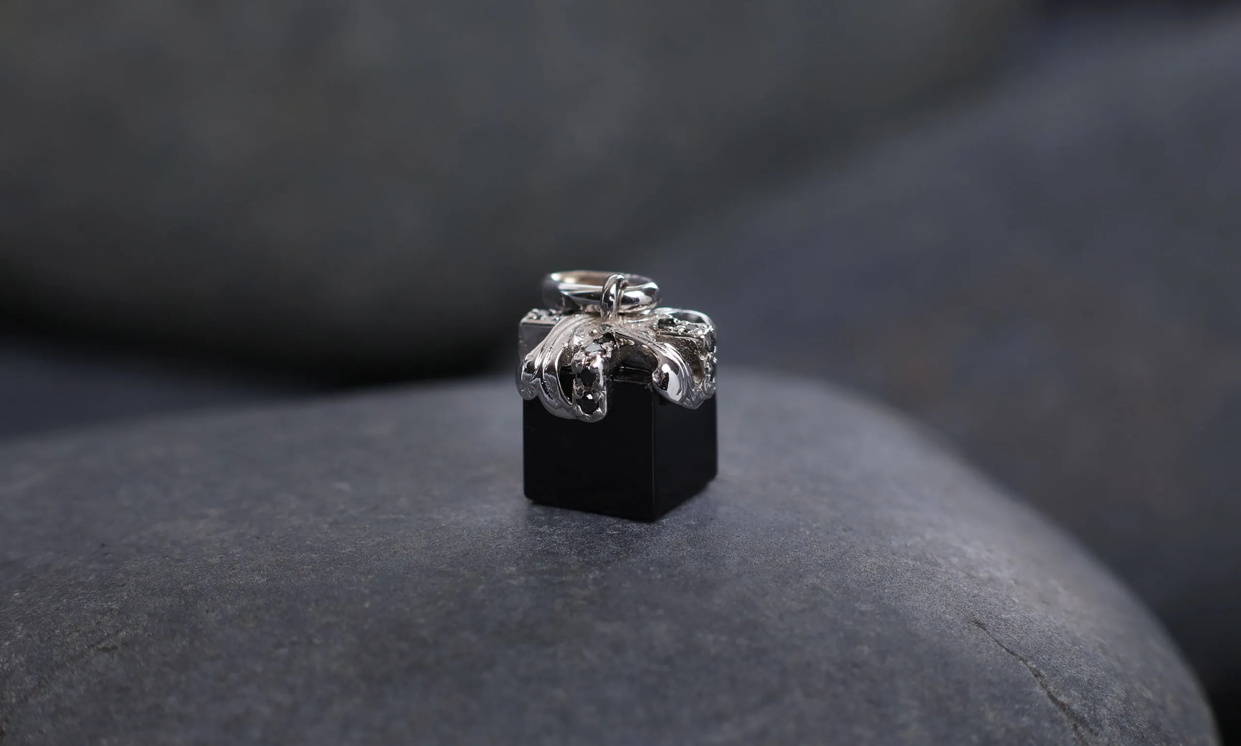 White Gold, Black Diamonds, and Black Spinel Charm