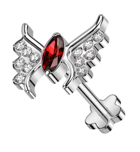 Wings Red CZ Threadless Titanium Flower Back Labret