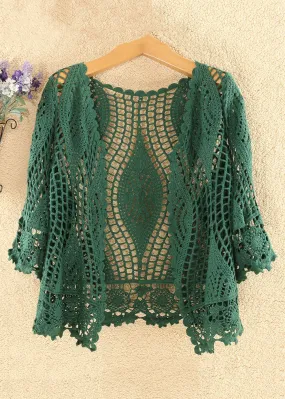 Women Blackish Green Solid Hollow Out Cotton Knit Cardigan Summer AS1029