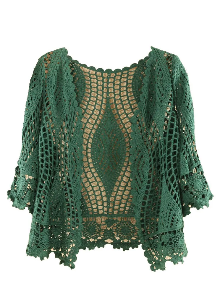 Women Blackish Green Solid Hollow Out Cotton Knit Cardigan Summer AS1029