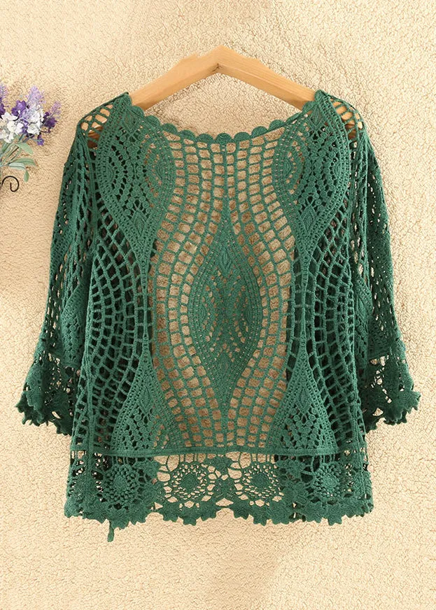 Women Blackish Green Solid Hollow Out Cotton Knit Cardigan Summer AS1029