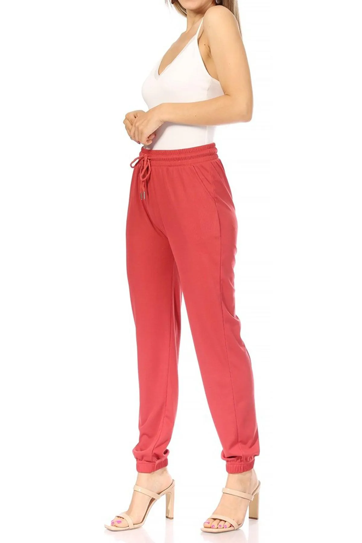 Women's Casual Solid Drawstring Elastic Waist Jogging tapered Jogger Pants with Pockets